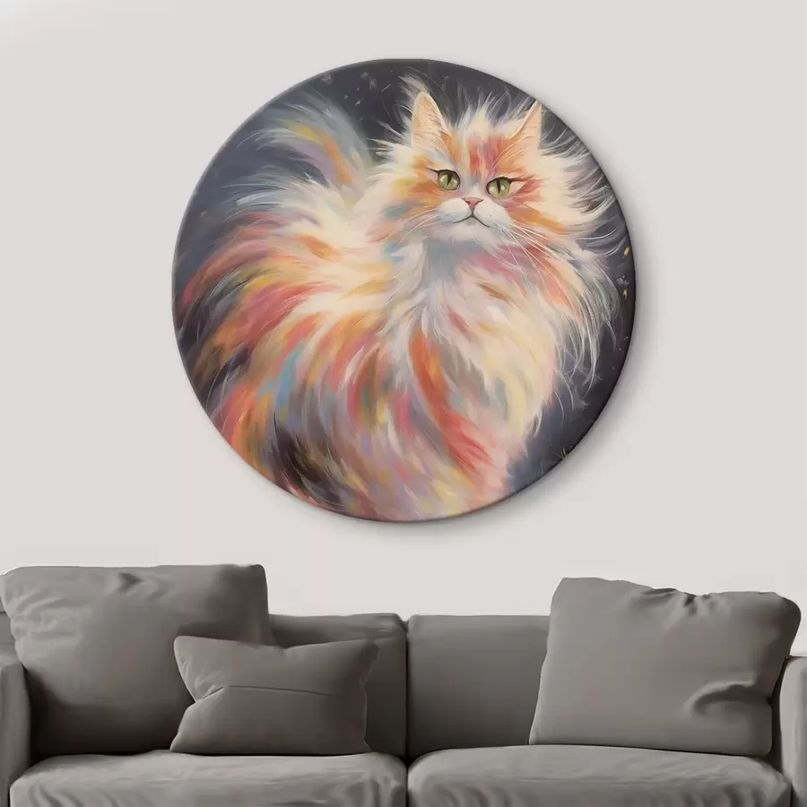 murales de pared Gato peludo con pelaje de colores sobre fondo oscuro r42484