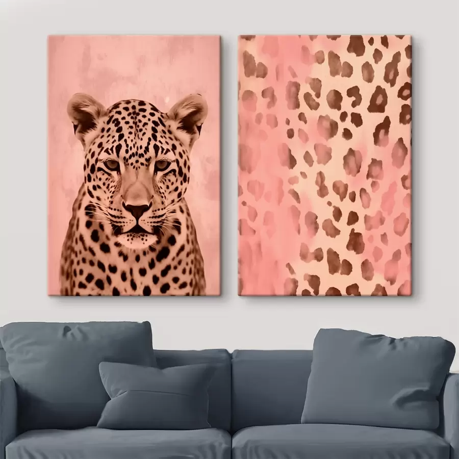 murales de pared Retrato de un guepardo, Patrón abstracto con estampado de leopardo sobre fondo rosa m00402