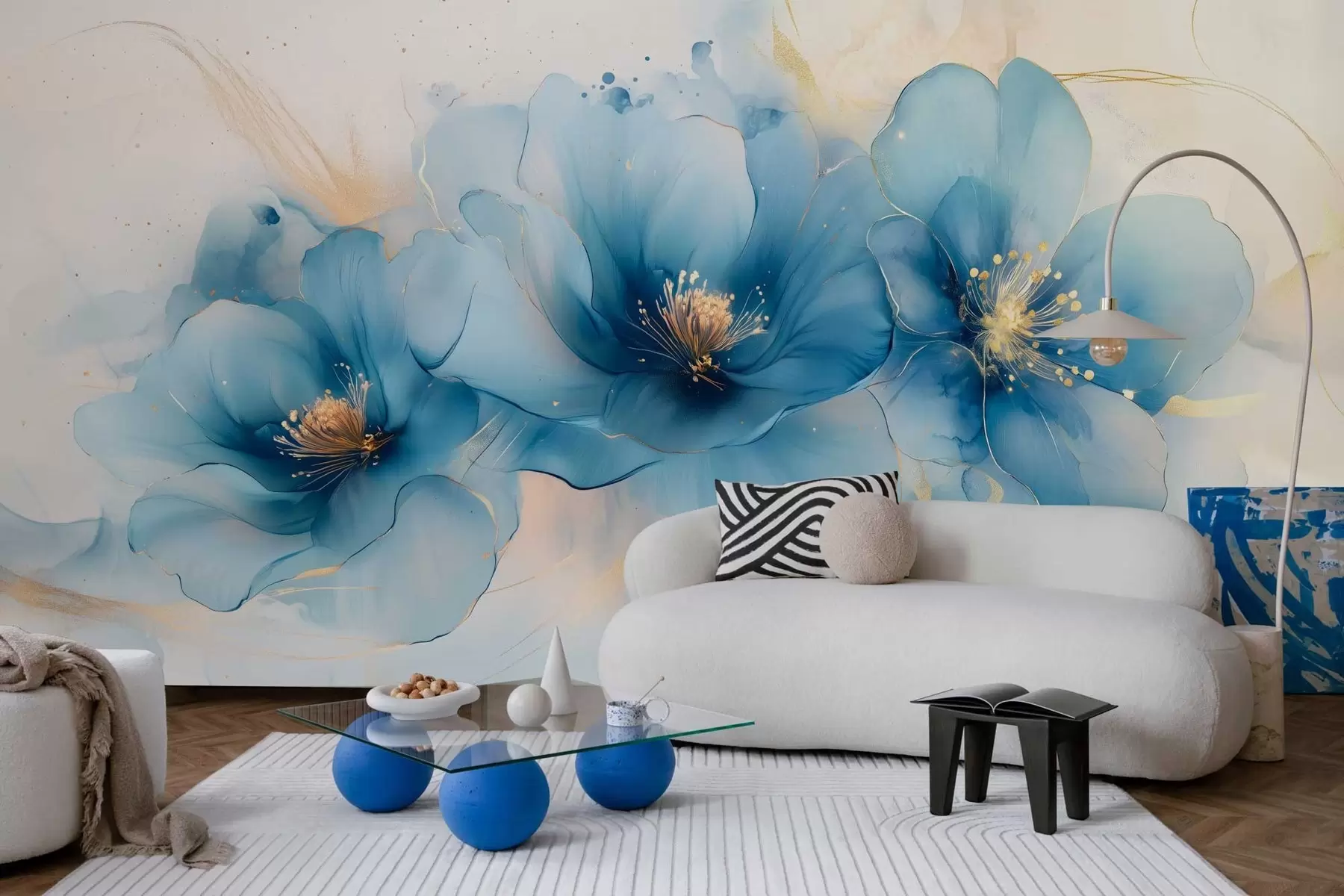 murales de pared Cuadro floral de ensueño con grandes y delicadas flores azules w02769