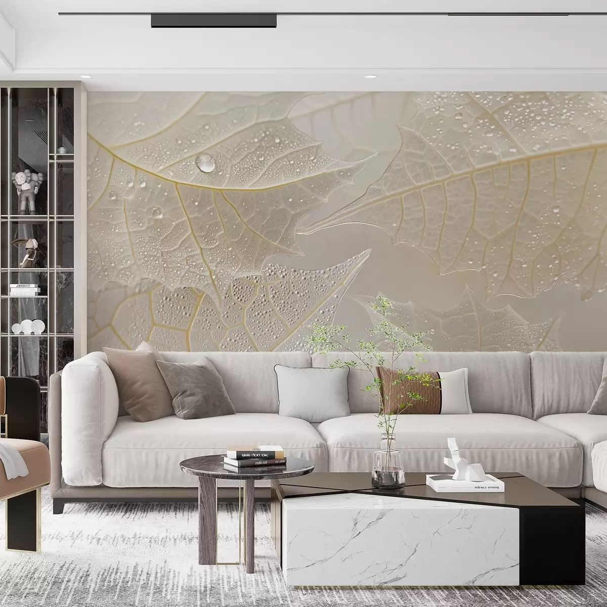 murales de pared Primer plano de hojas con venas y gotas de rocío en tonos beige w02872