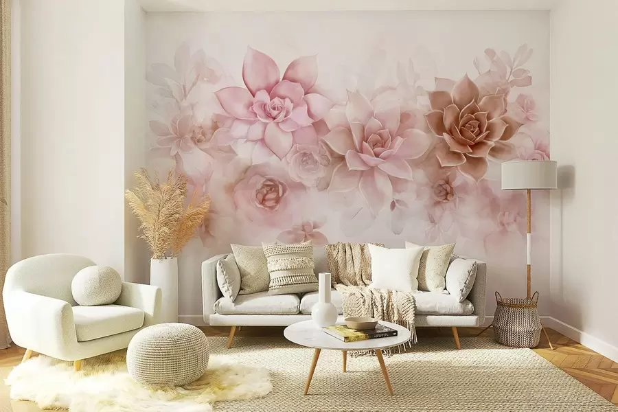 murales de pared Delicadas y exuberantes suculentas y elementos florales en estilo acuarela de colores cálidos w02873