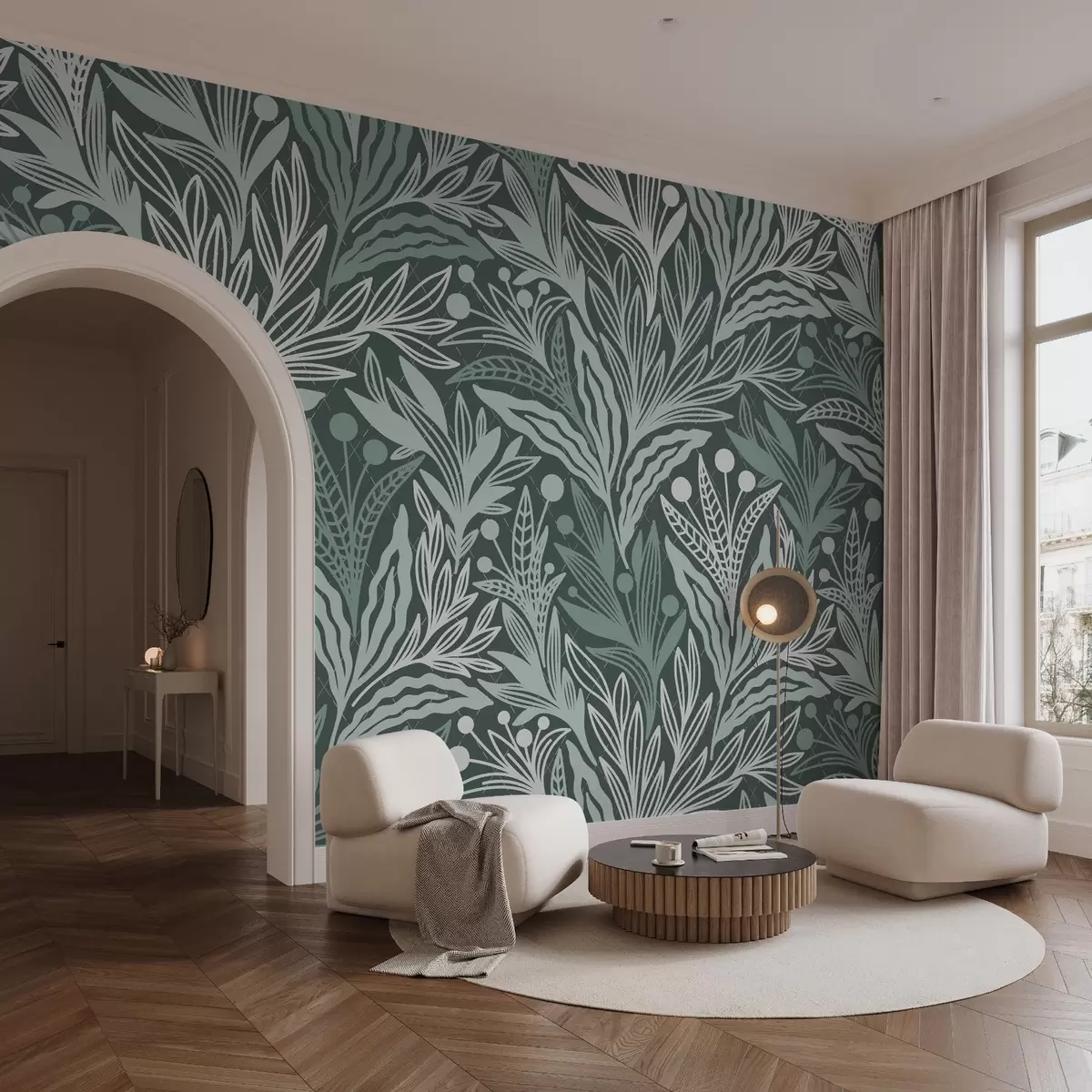 murales de pared Delicadas hojas gráficas con ribete verde w02783