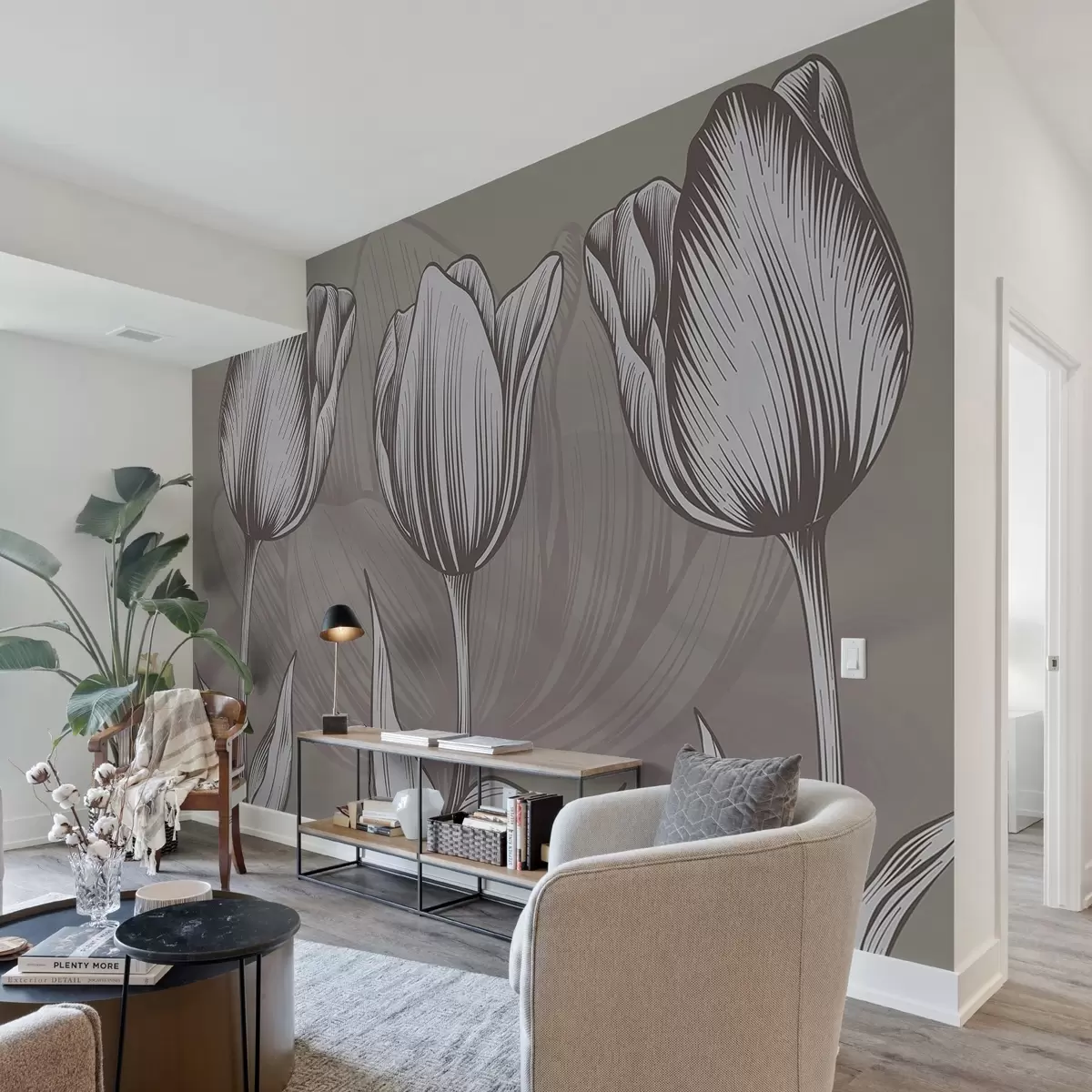 murales de pared Elegantes tulipanes sobre fondo marrón w02786v3