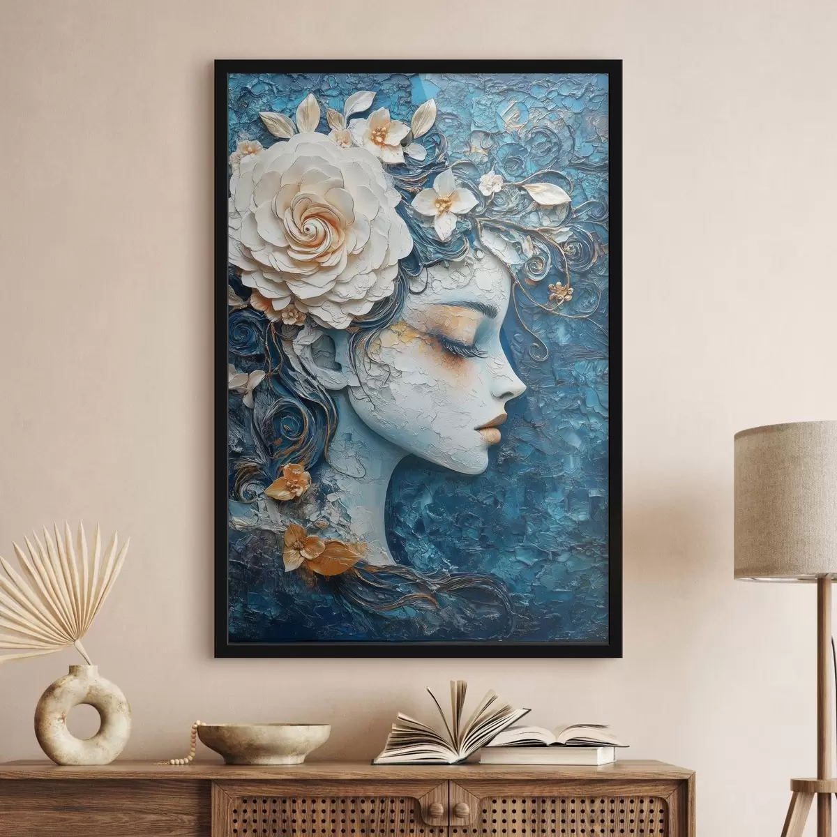 Poster Dibujo de una niña de perfil en tonos azules f42495