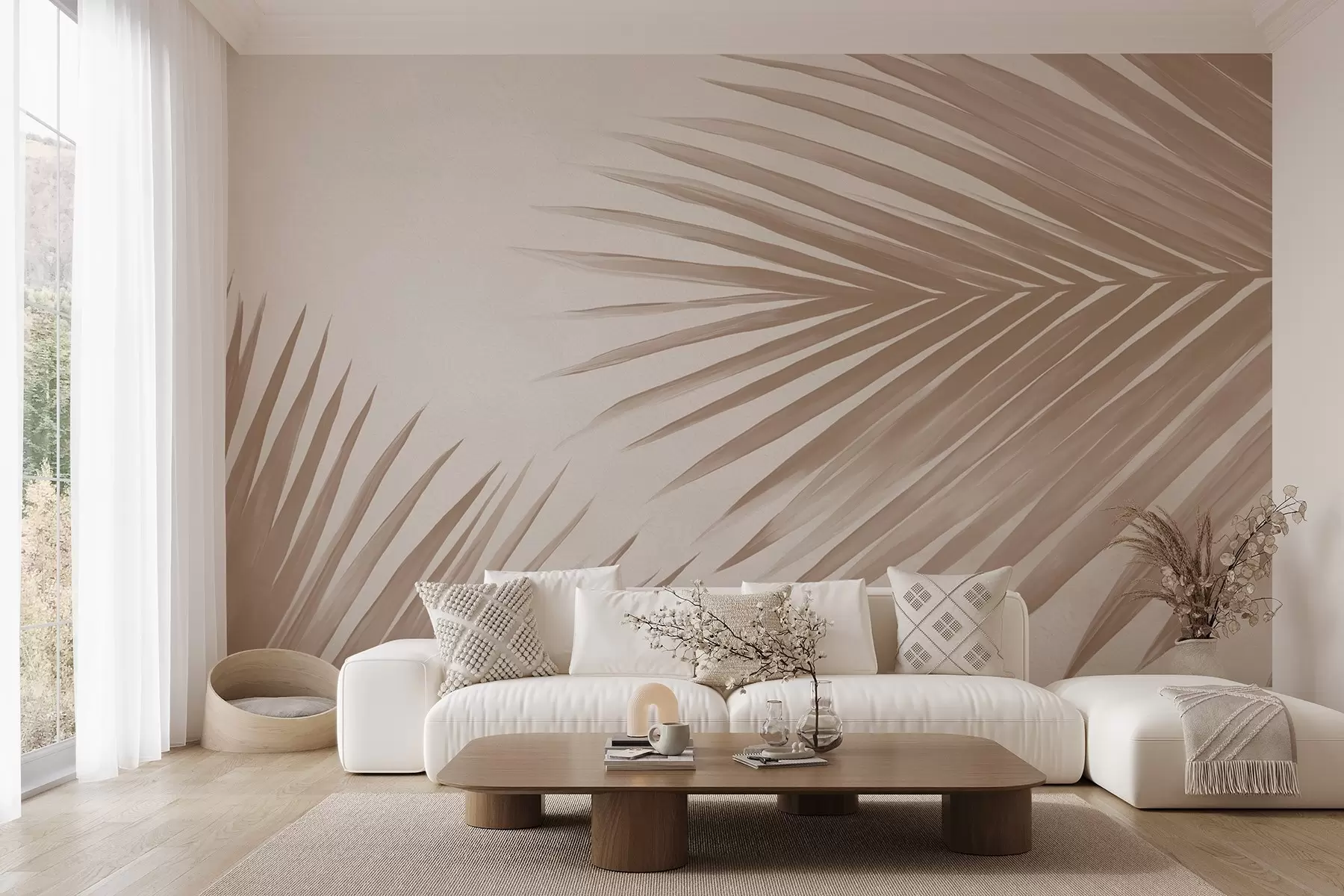 murales de pared Hojas de palmera abstractas de color beige w08653v1
