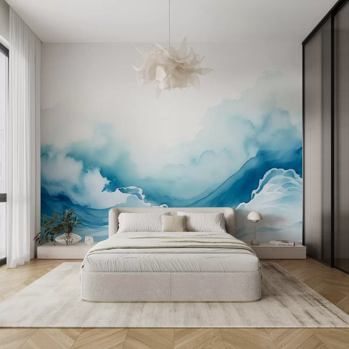 murales de pared Olas del mar en estilo acuarela en tonos azules w08655