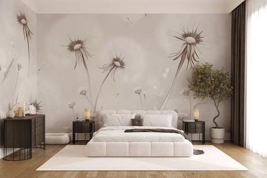 murales de pared Elegantes dientes de león y flores silvestres en estilo pictórico en tonos beige w08657v1