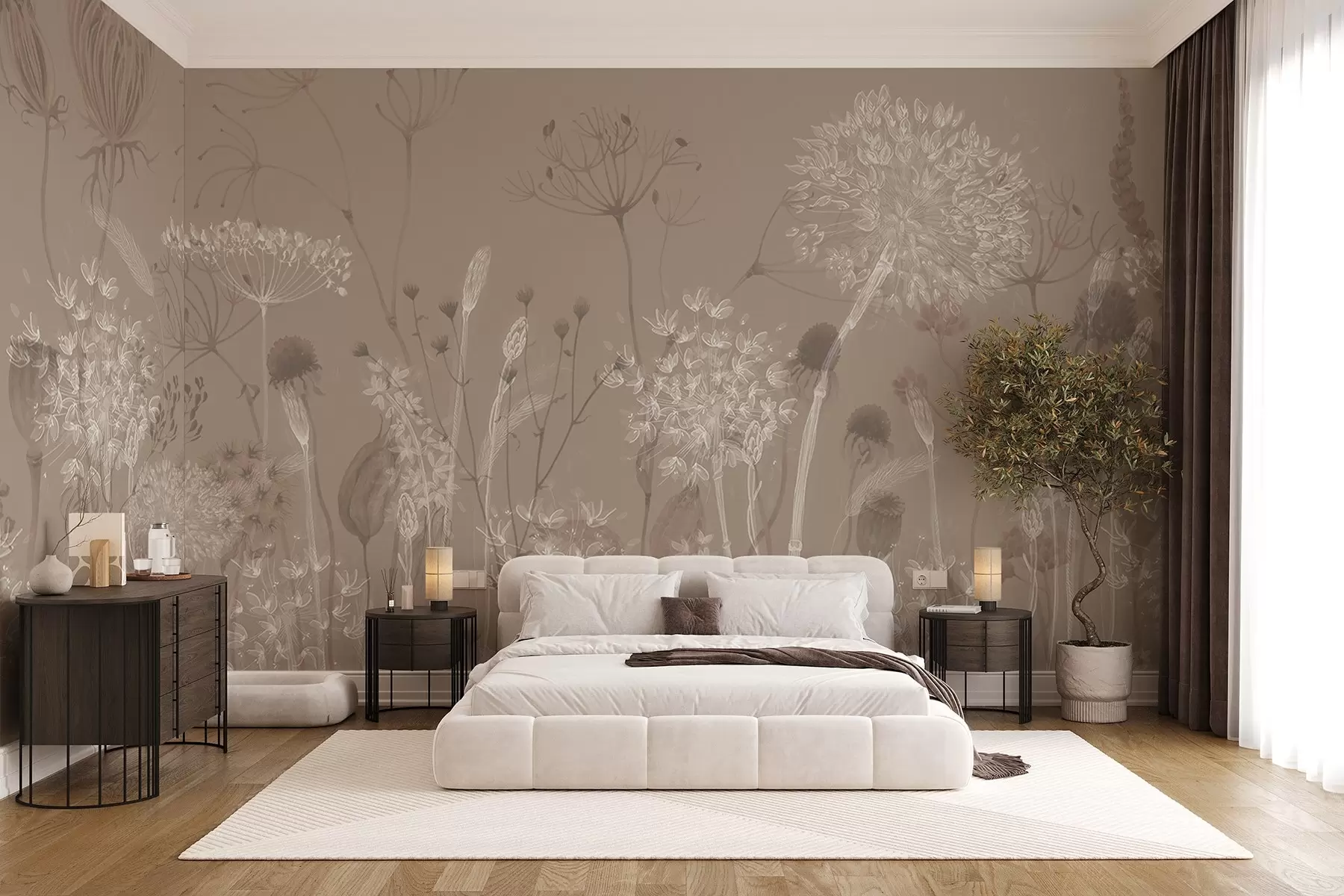 murales de pared Gracioso estampado con delicados dientes de león, plantas y flores silvestres en tonos beige-gris w08637v2