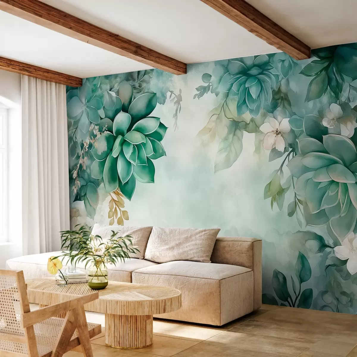 murales de pared Delicadas y exuberantes suculentas y elementos florales en estilo acuarela en tonos verdes w02874