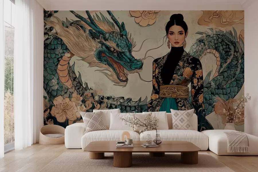 murales de pared Mujer con túnica y dragón, estilo oriental w02875