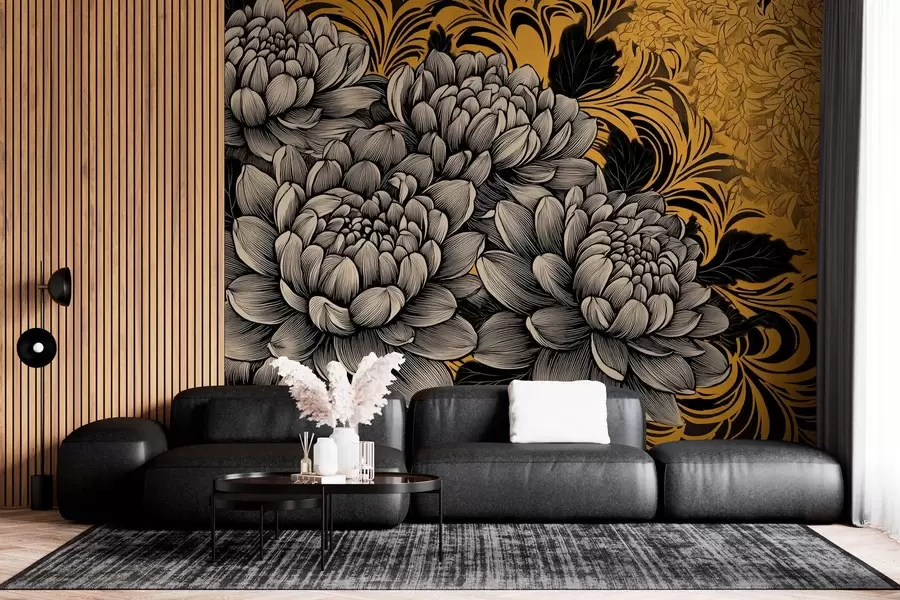 murales de pared Exuberantes peonías en estilo gráfico sobre fondo amarillo estampado w02876