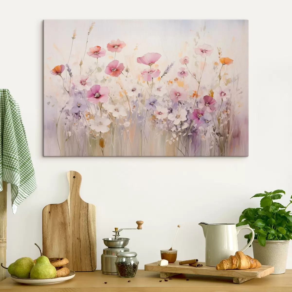 murales de pared Un prado con flores de acuarela en delicados tonos rosas, morados y blancos, que crean una atmósfera de ligereza y armonía. s42557