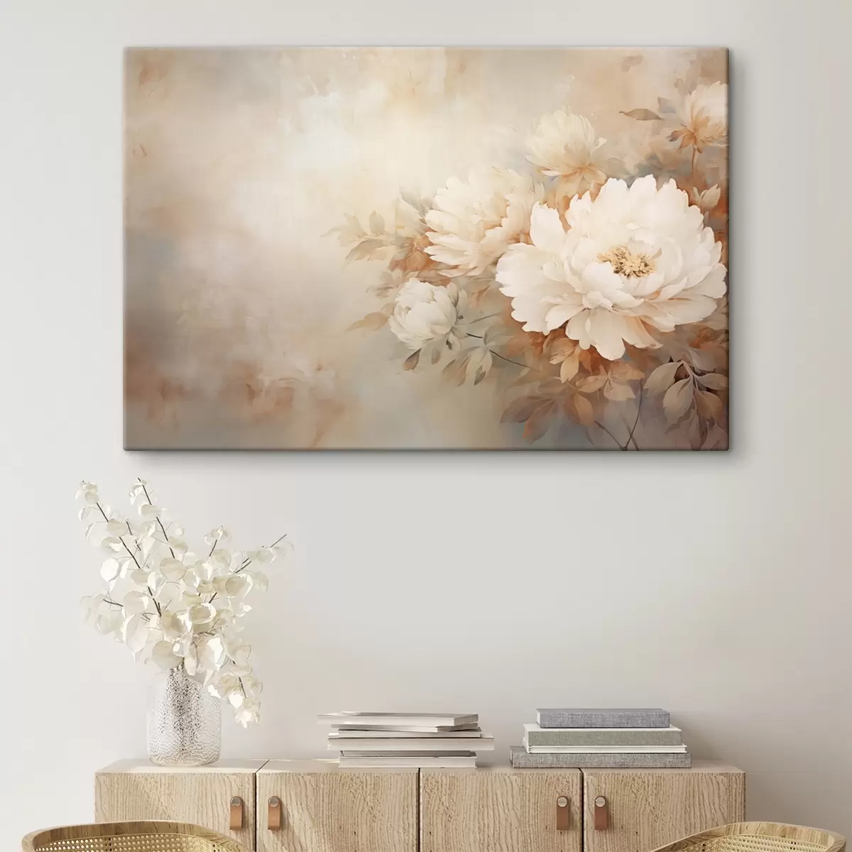 murales de pared Delicadas peonías en tonos crema pastel sobre un fondo difuminado, creando un ambiente suave y romántico. s42558