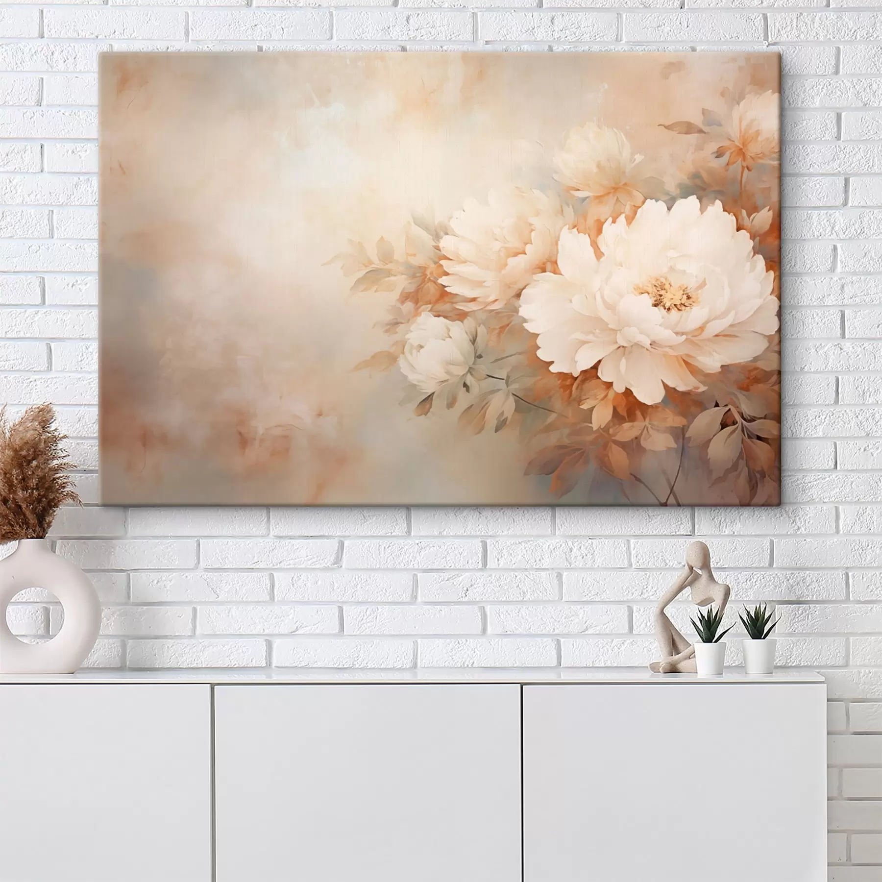 murales de pared Delicadas peonías en tonos crema pastel sobre un fondo difuminado, creando un ambiente suave y romántico s42558