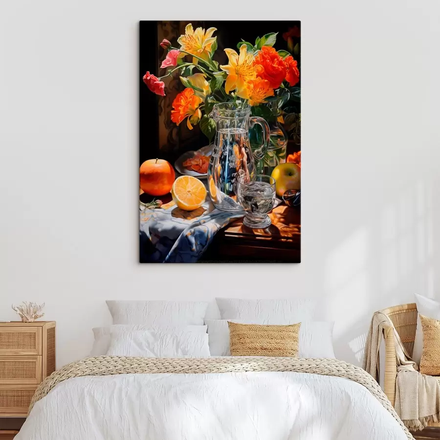 murales de pared Un bodegón con un ramo de flores brillantes en tonos amarillos y rojos, una jarra de cristal, cítricos y manzanas sobre una mesa iluminada. s42560