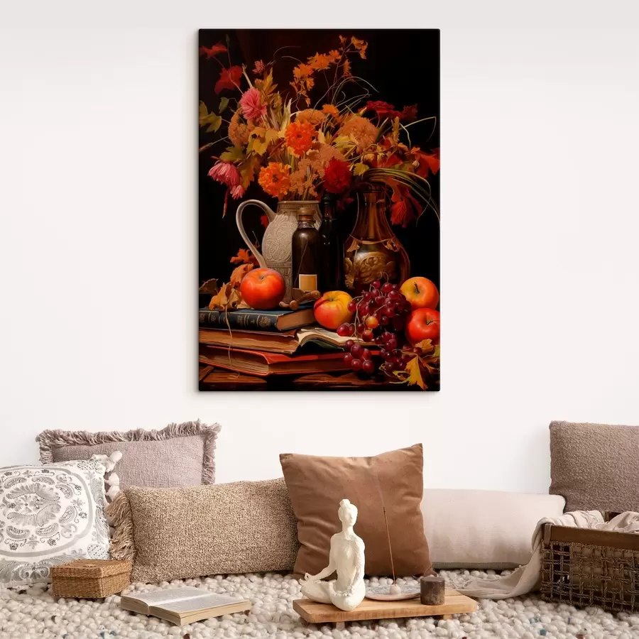 murales de pared Bodegón otoñal con un ramo de flores en cálidos tonos naranjas y rojos, manzanas, uvas, libros y platos de cerámica sobre fondo oscuro. s42561