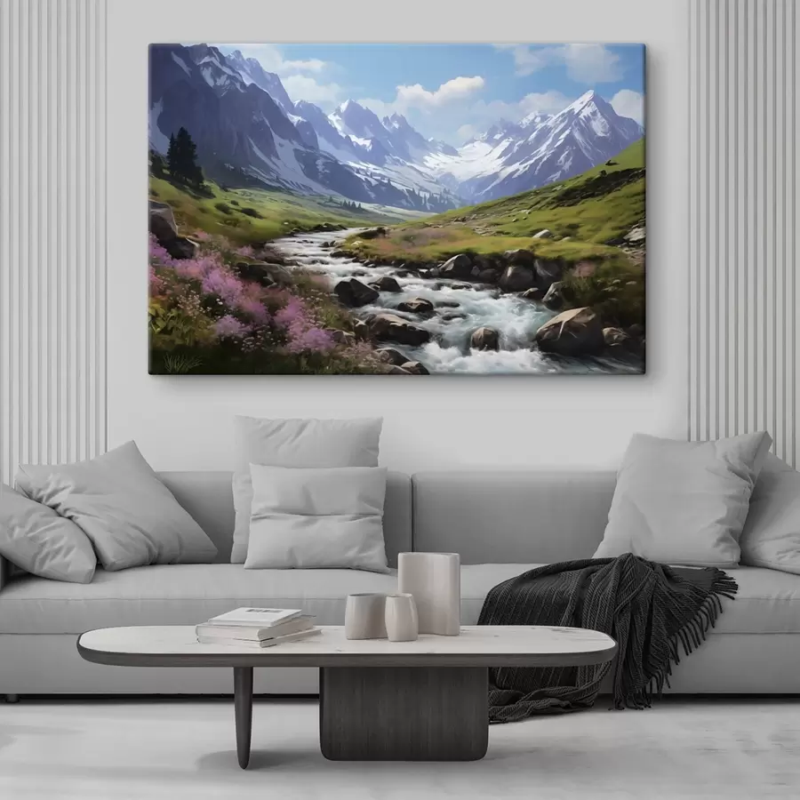 murales de pared Un paisaje montañoso con un arroyo caudaloso, prados en flor y picos nevados en el horizonte bajo un cielo azul brillante. s42563