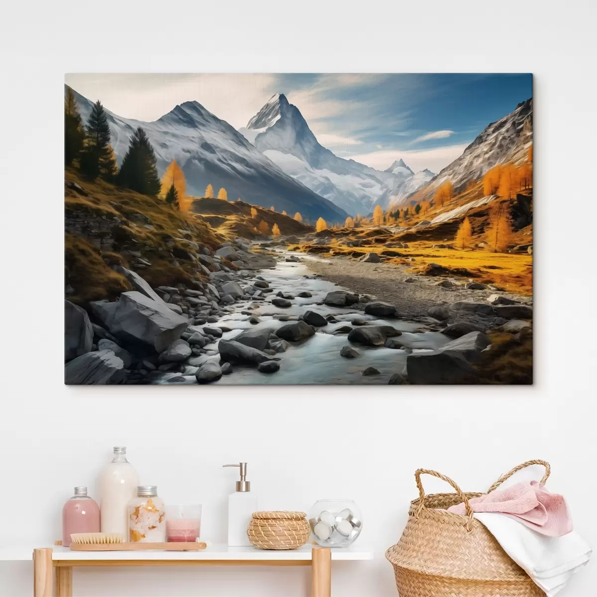 murales de pared Un paisaje otoñal de montaña con un río rápido, árboles dorados y un pico majestuoso contra un cielo brillante. s42564