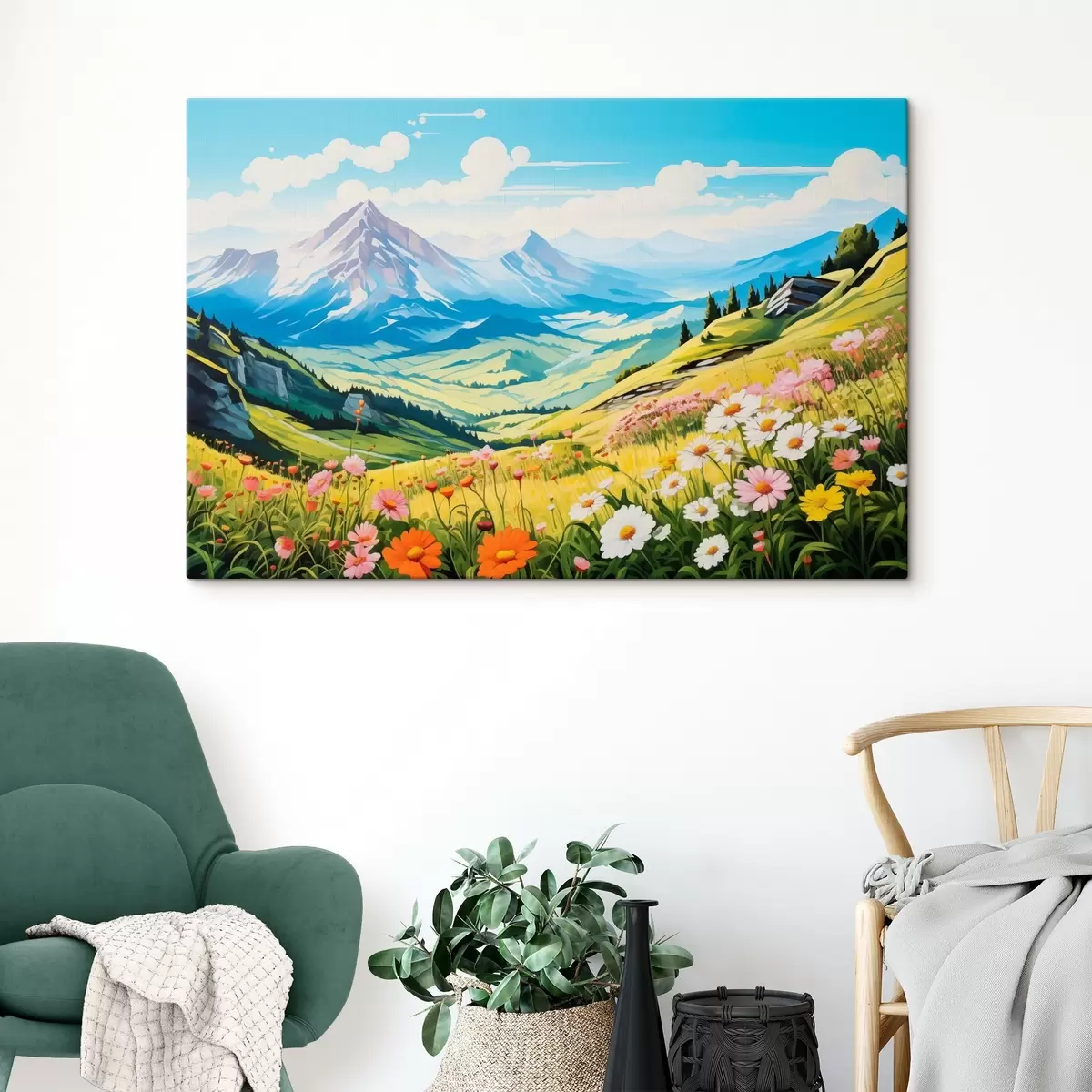 murales de pared Un vibrante paisaje de montaña con prados en flor, verdes colinas y majestuosos picos bajo un cielo azul despejado. s42565