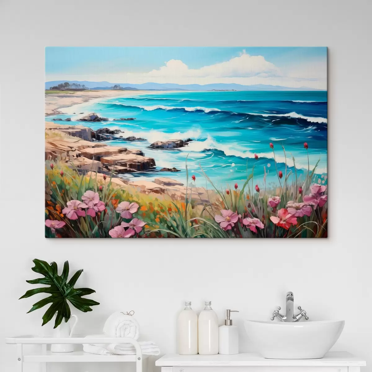 murales de pared Un paisaje marino con olas turquesas, una costa rocosa y flores brillantes en primer plano bajo un cielo azul despejado. s42568