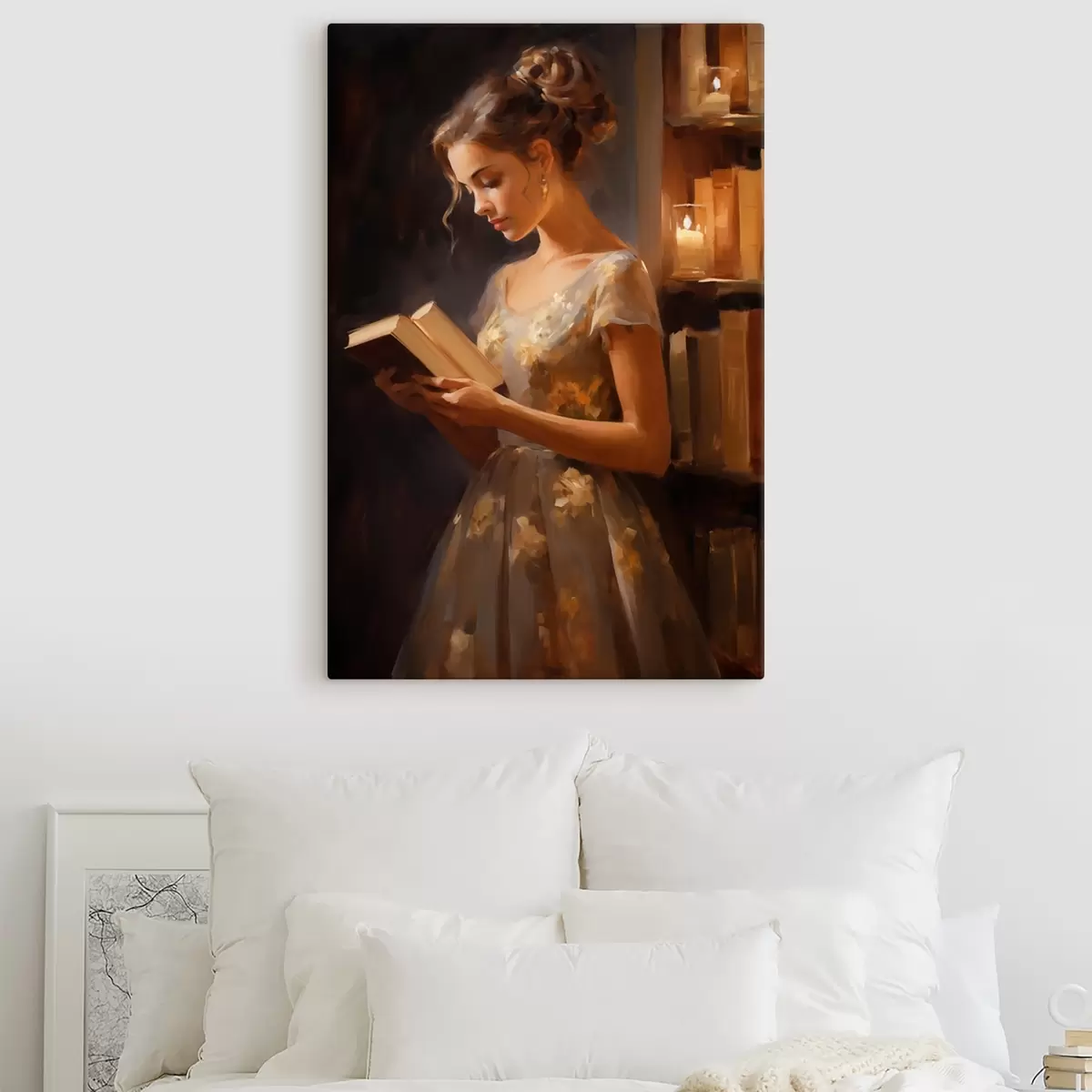 murales de pared Una mujer joven con un vestido elegante lee un libro en un ambiente iluminado, rodeada de estanterías y del suave resplandor de las velas. s42570