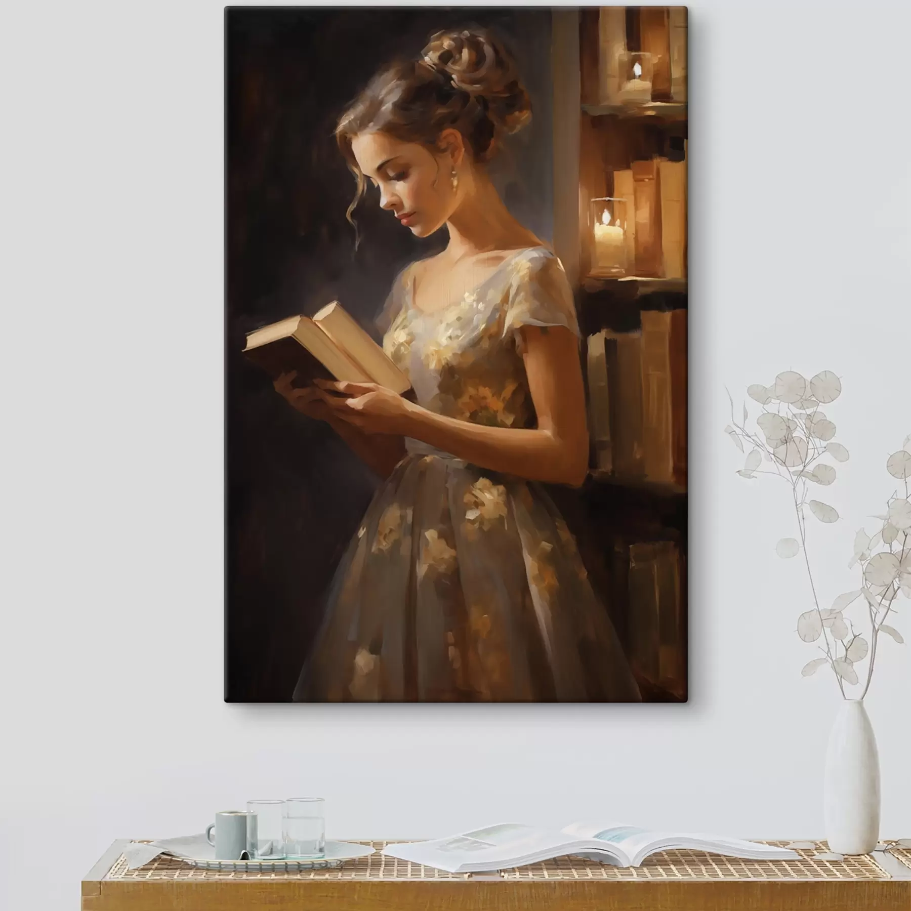 murales de pared Una mujer joven con un vestido elegante lee un libro en un ambiente iluminado, rodeada de estanterías y del suave resplandor de las velas s42570