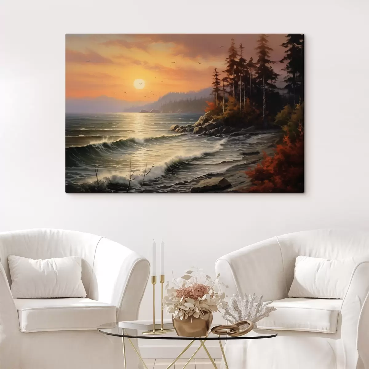 murales de pared Una puesta de sol sobre el mar con olas, un bosque de pinos y colores otoñales en primer plano. s42571