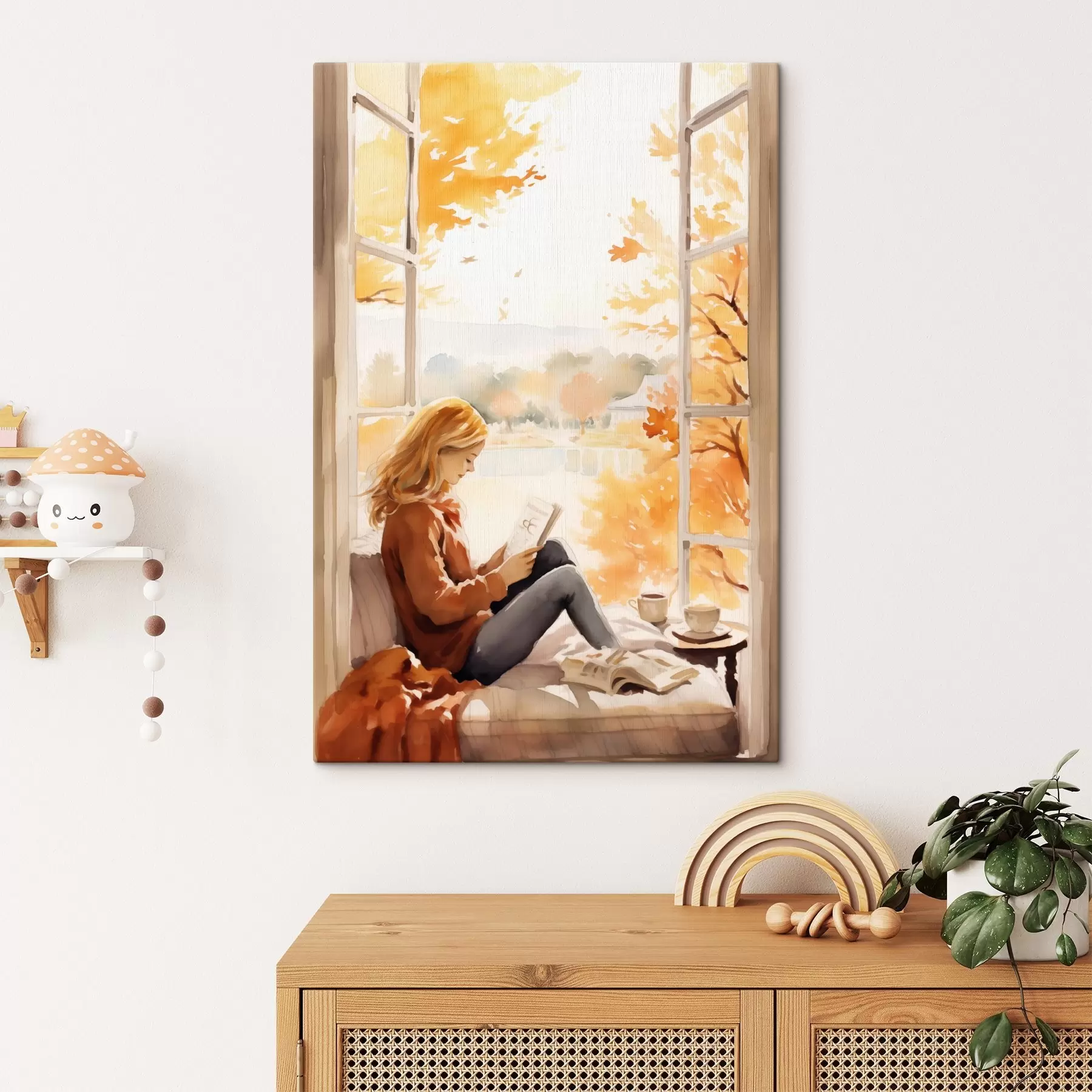 murales de pared Una chica lee un libro junto a una ventana abierta en un entorno otoñal, con árboles dorados y brillantes al fondo y una taza de té cerca. s42572