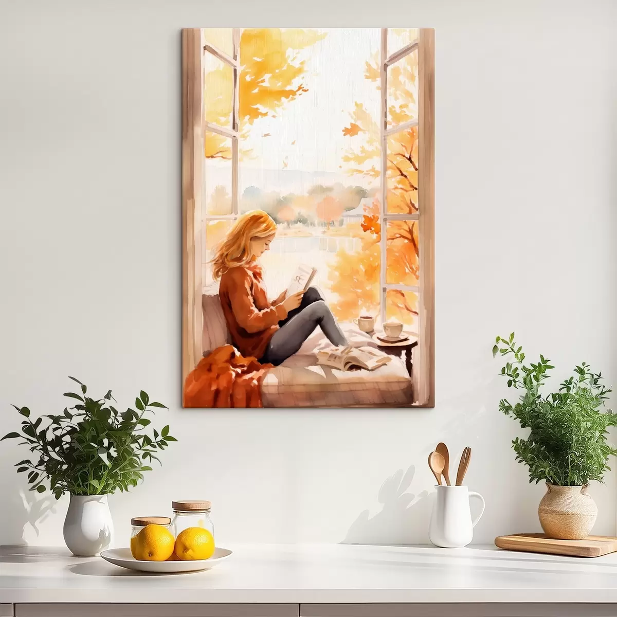 murales de pared Una chica lee un libro junto a una ventana abierta en un entorno otoñal, con árboles dorados y brillantes al fondo y una taza de té cerca. s42572