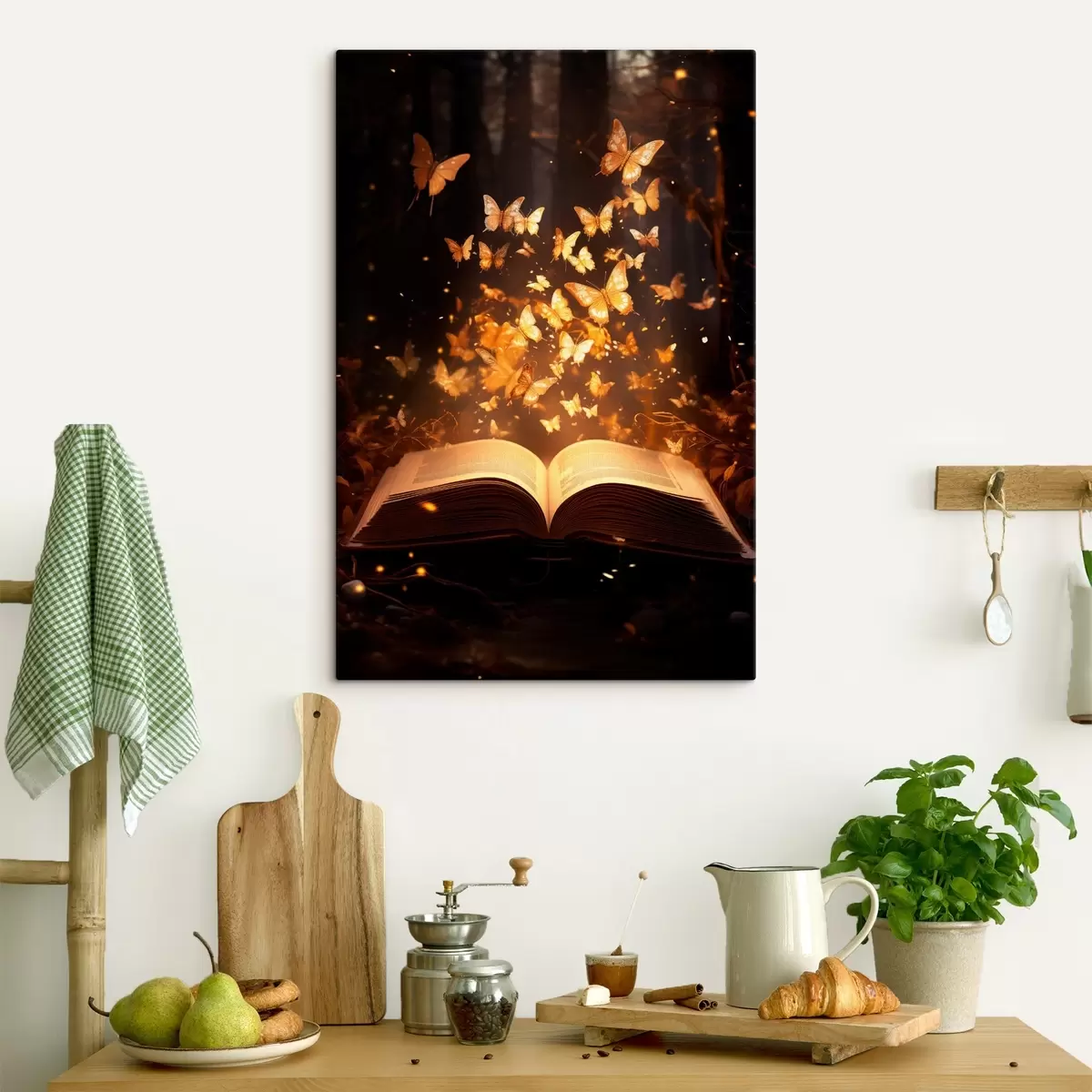 murales de pared Un libro abierto del que surgen mariposas luminosas que brillan en rayos de luz en un bosque oscuro y mágico. s42573