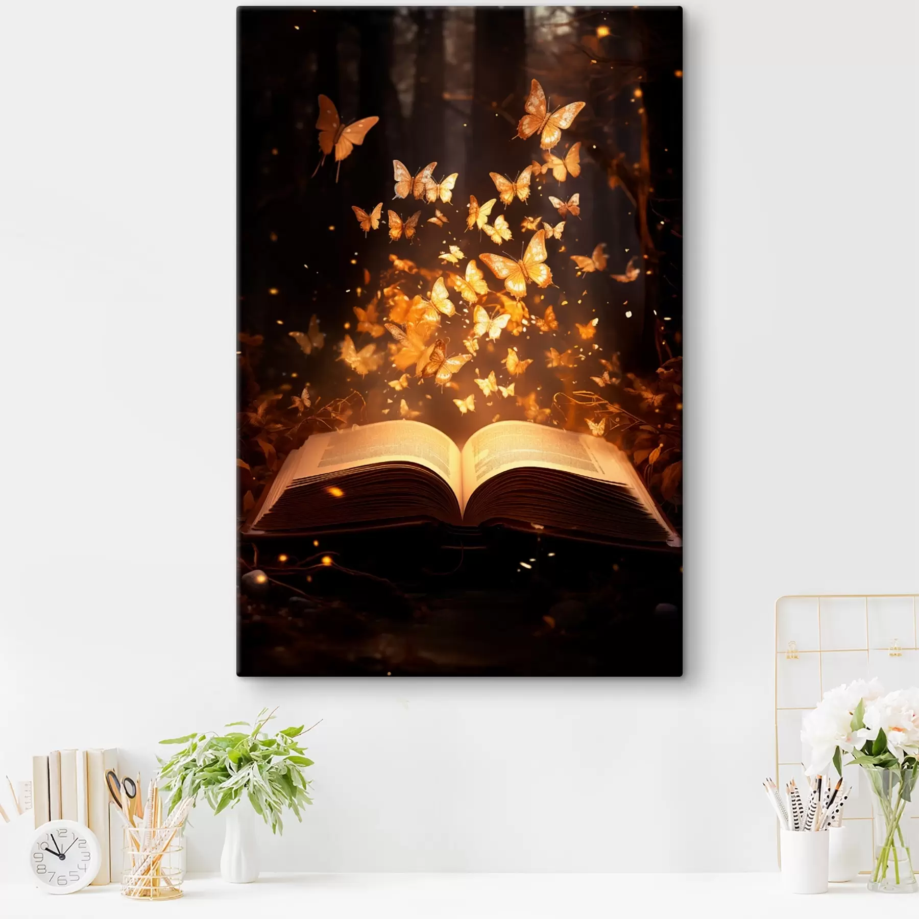 murales de pared Un libro abierto del que surgen mariposas luminosas que brillan en rayos de luz en un bosque oscuro y mágico. s42573