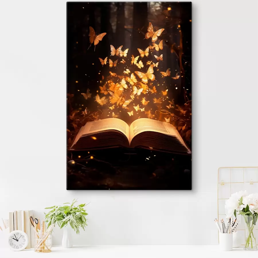 murales de pared Un libro abierto del que surgen mariposas luminosas que brillan en rayos de luz en un bosque oscuro y mágico. s42573