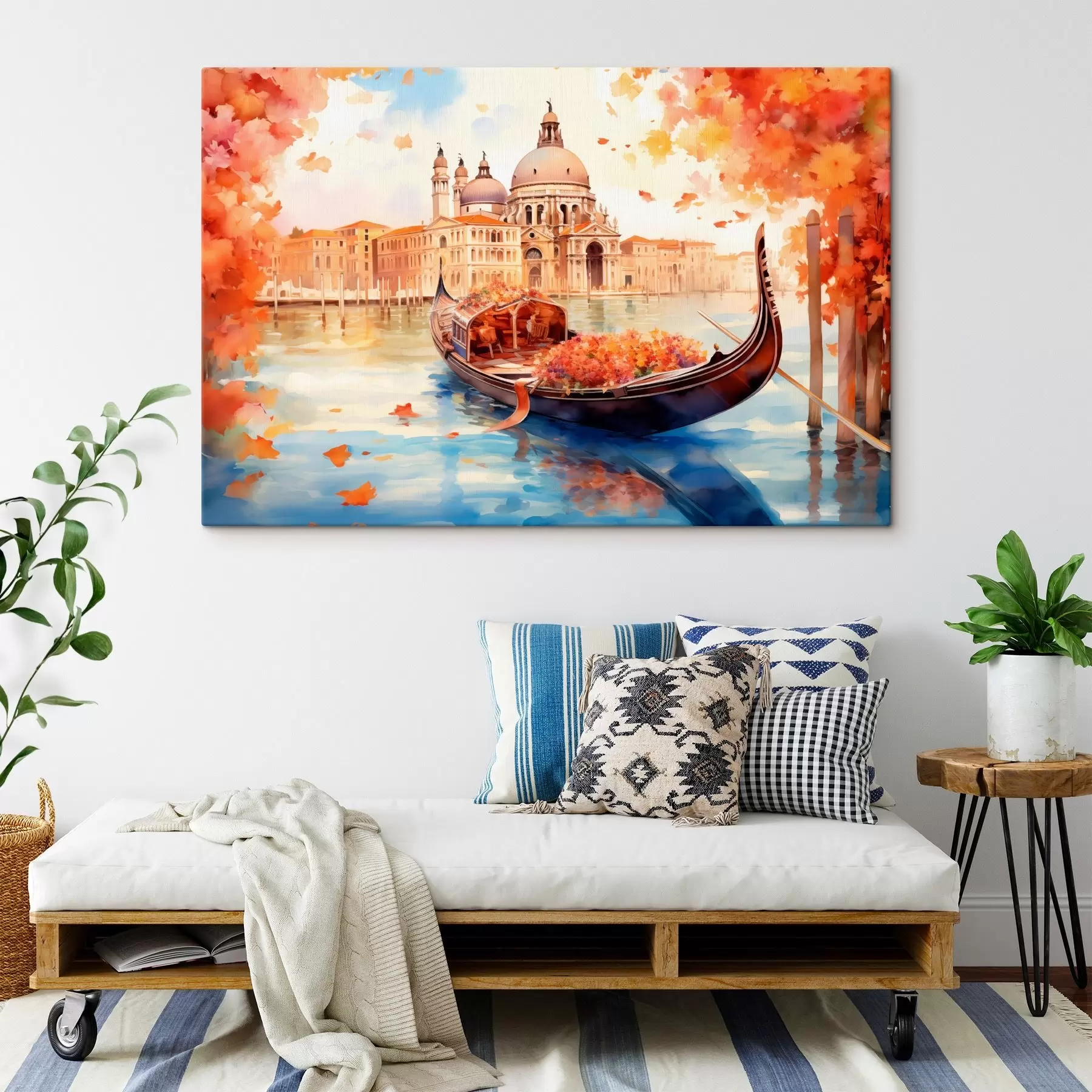 murales de pared Una vista otoñal de Venecia con una góndola rodeada de brillantes hojas naranjas y rojas, con reflejos de edificios en el agua tranquila del canal s42576