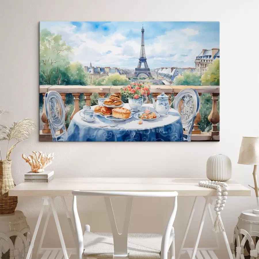 murales de pared Una romántica vista de la Torre Eiffel desde un balcón con una mesa puesta con postres, té y flores en un ambiente veraniego. s42579