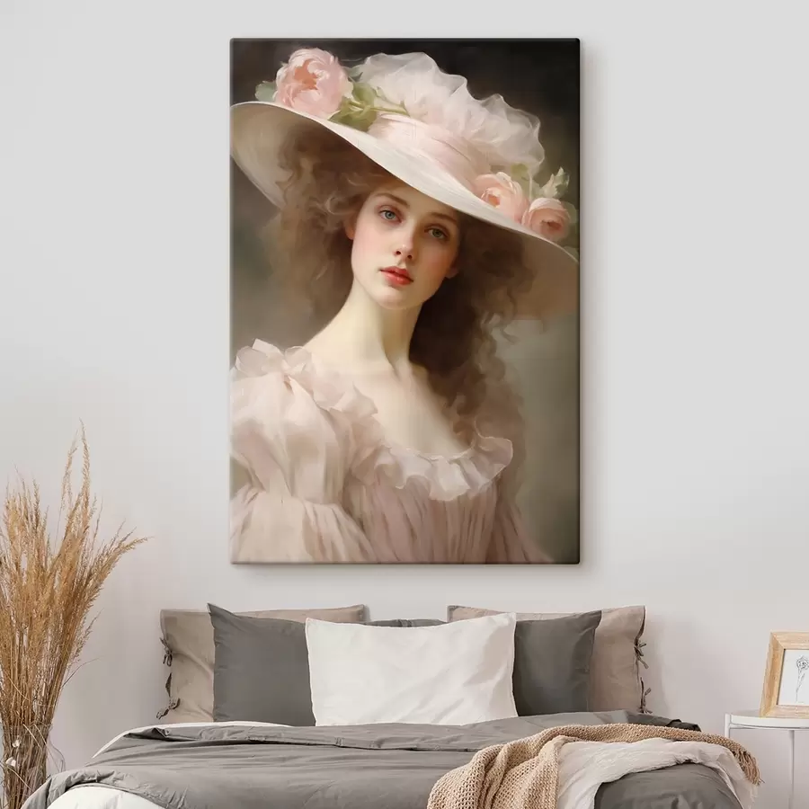 murales de pared Retrato de una joven con un delicado vestido rosa y un sombrero adornado con flores, de expresión romántica y refinada. s42581
