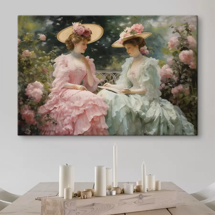 murales de pared Dos elegantes mujeres con vestidos pastel sentadas en un jardín entre rosas, leyendo un libro y disfrutando de un ambiente tranquilo. s42582