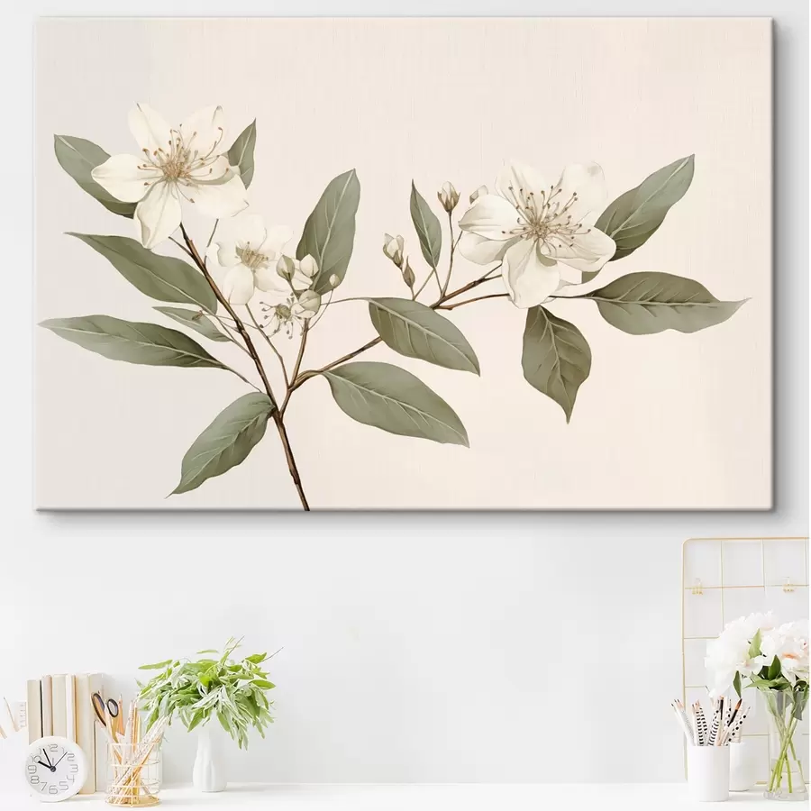 murales de pared Una delicada rama con flores blancas y hojas verdes sobre un fondo claro, con detalles suaves y un estilo elegante s42583