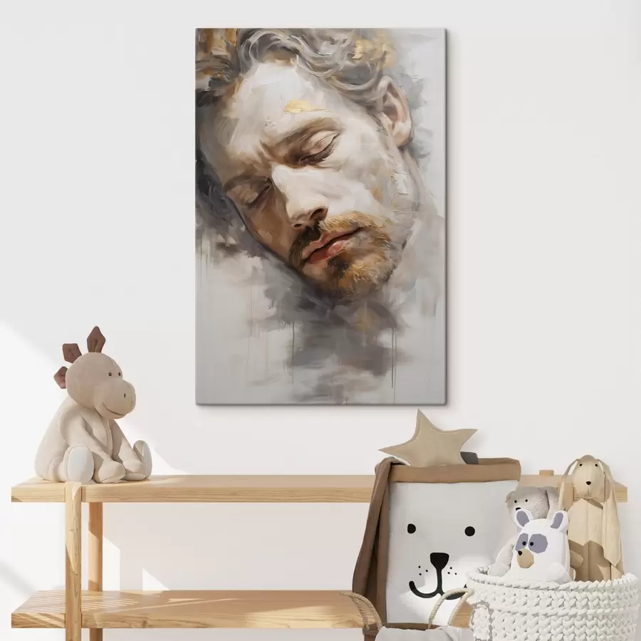 murales de pared Retrato abstracto de un hombre con los ojos cerrados, realizado en suaves tonos cálidos con pinceladas suaves que evocan una sensación de calma. s42621