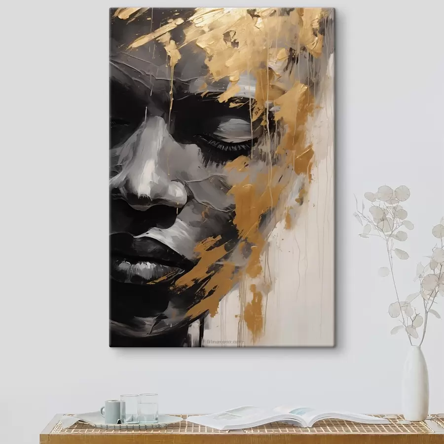 murales de pared Retrato abstracto de una mujer en tonos blanco y negro con atrevidas pinceladas de colores cálidos que añaden contraste y profundidad emocional. s42622