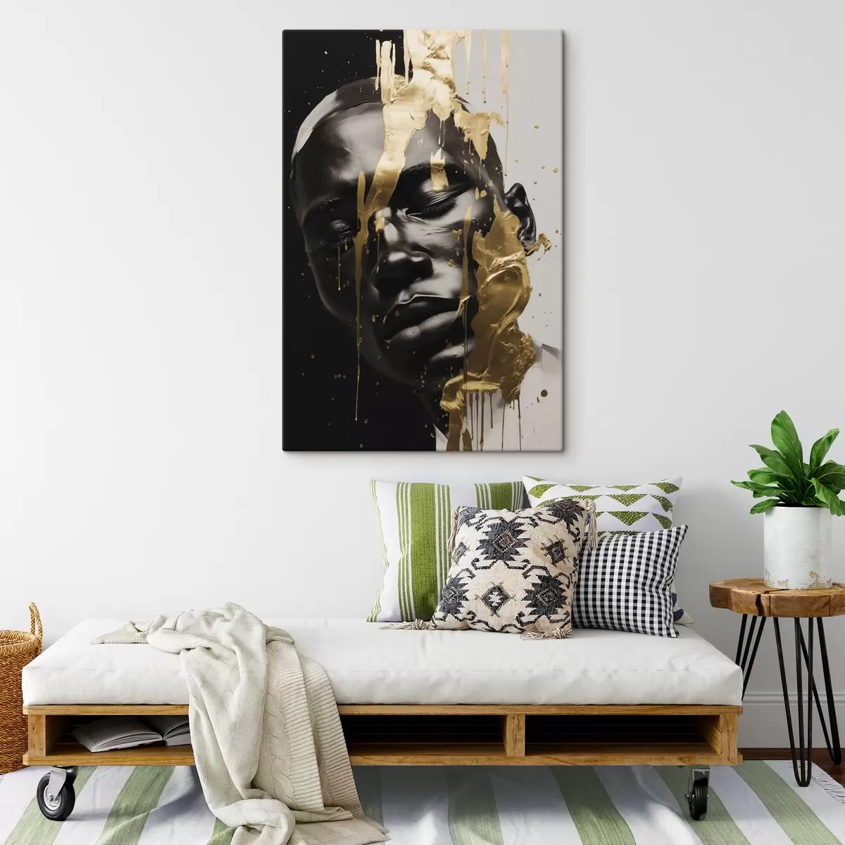 murales de pared Retrato abstracto de un hombre en suaves tonos blanco y negro, realzados por brillantes pinceladas de colores cálidos que crean un efecto dinámico. s42623