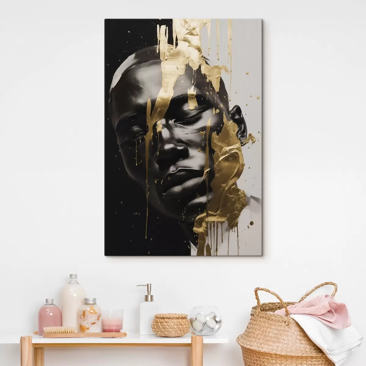 murales de pared Retrato abstracto de un hombre en suaves tonos blanco y negro, realzados por brillantes pinceladas de colores cálidos que crean un efecto dinámico. s42623