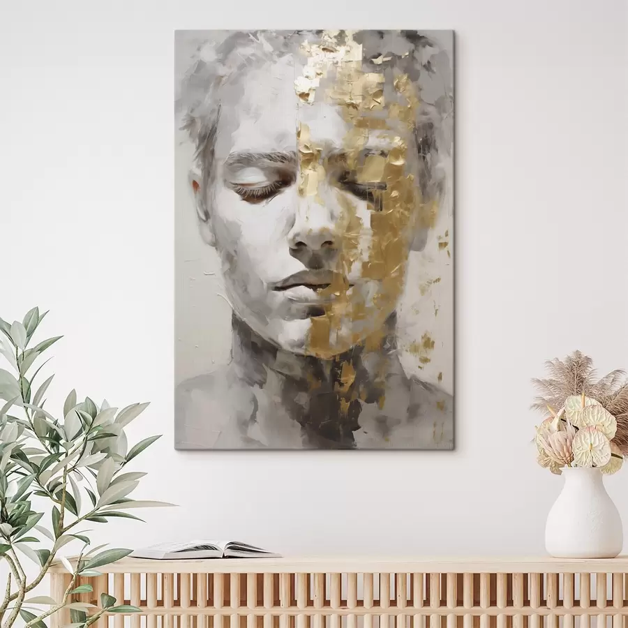 murales de pared Un retrato abstracto con los ojos cerrados, realizado en tonos claros con pinceladas contrastadas de colores cálidos que crean un estado de ánimo profundo y meditativo. s42624