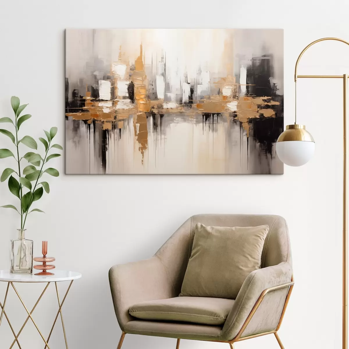 murales de pared Un paisaje urbano abstracto con reflejos de edificios en el agua, creado en tonos neutros con acentos de tonos cálidos. s42628