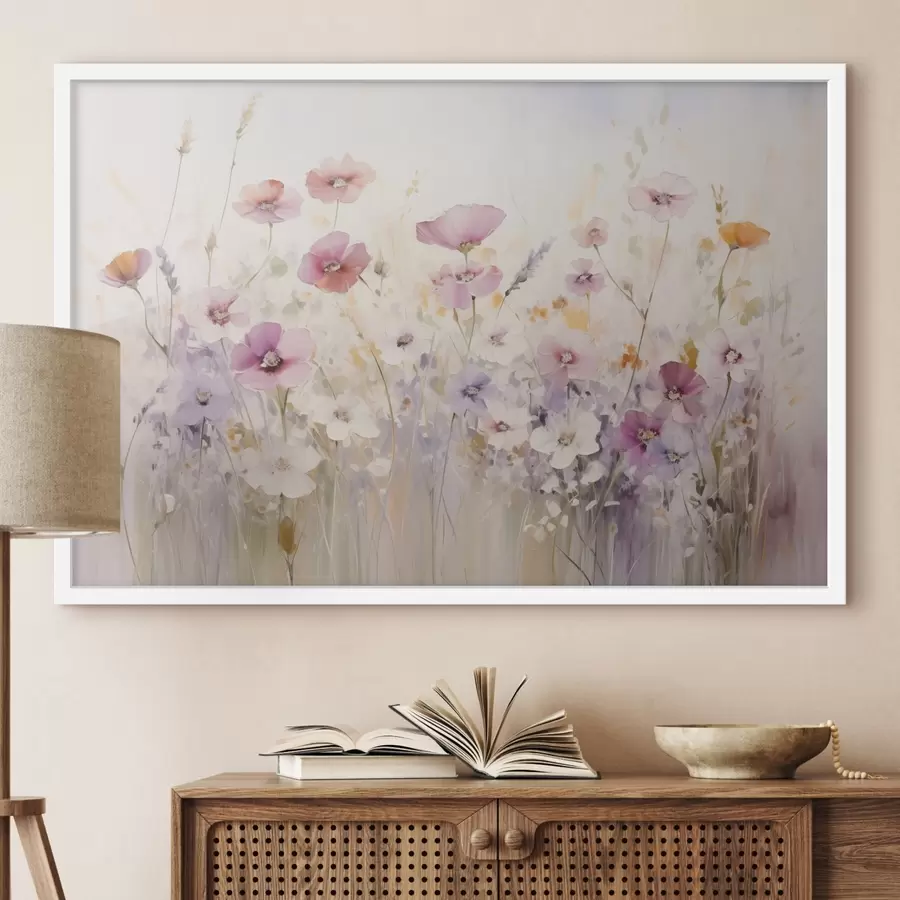 murales de pared Un prado con flores de acuarela en delicados tonos rosas, morados y blancos, que crean una atmósfera de ligereza y armonía f42557