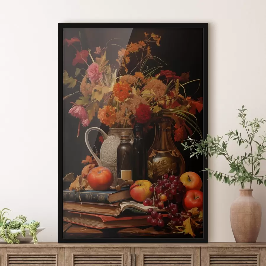 murales de pared Bodegón otoñal con un ramo de flores en cálidos tonos naranjas y rojos, manzanas, uvas, libros y platos de cerámica sobre fondo oscuro. f42561