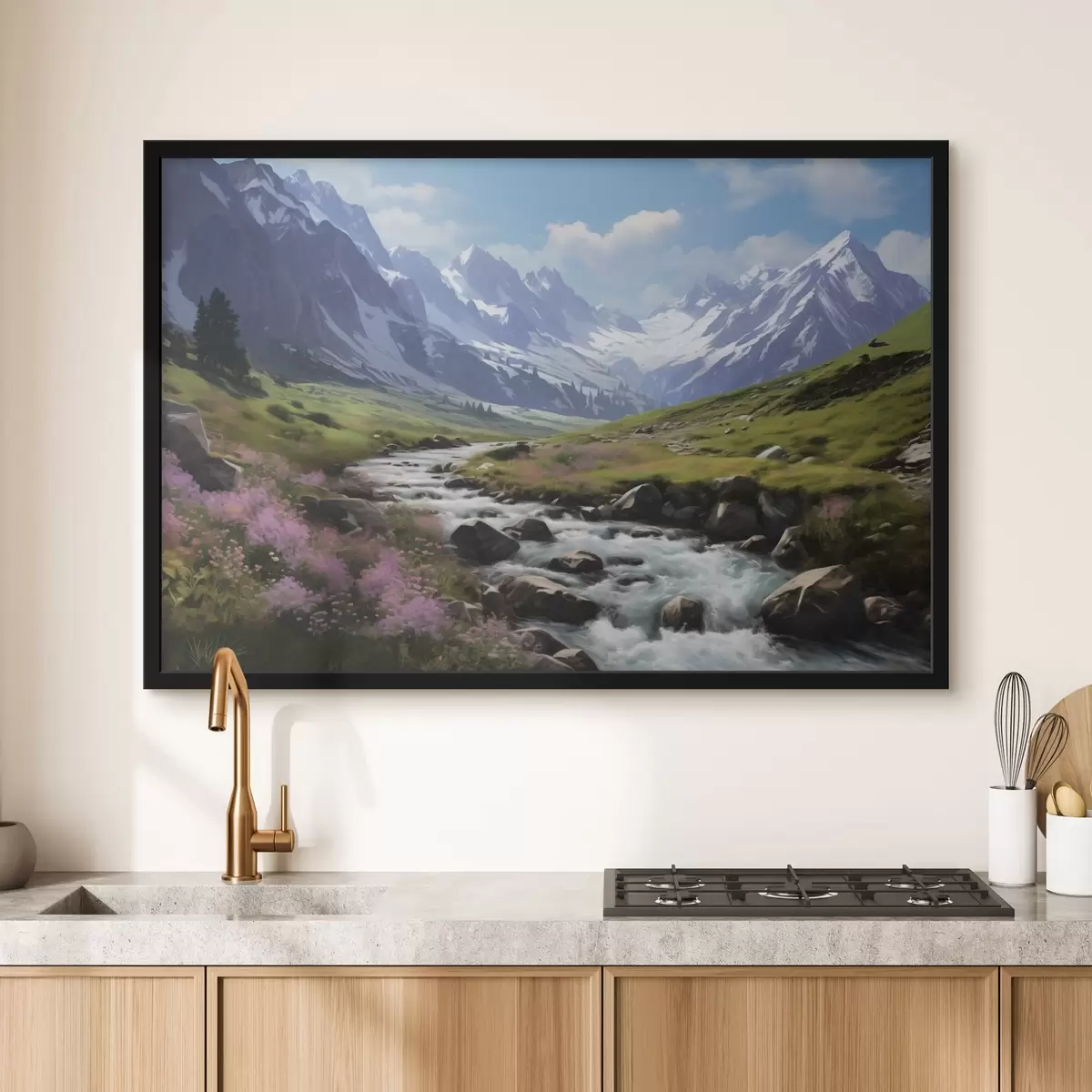 Poster Un paisaje montañoso con un arroyo caudaloso, prados en flor y picos nevados en el horizonte bajo un cielo azul brillante. f42563