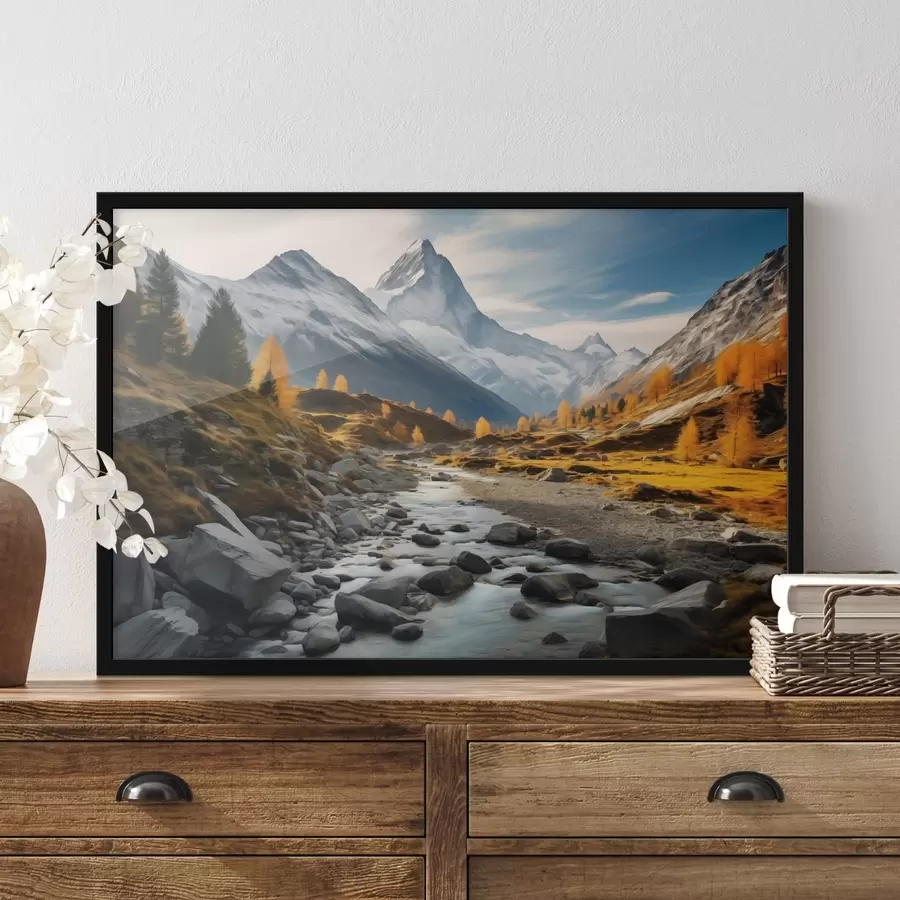 murales de pared Un paisaje otoñal de montaña con un río rápido, árboles dorados y un pico majestuoso contra un cielo brillante. f42564