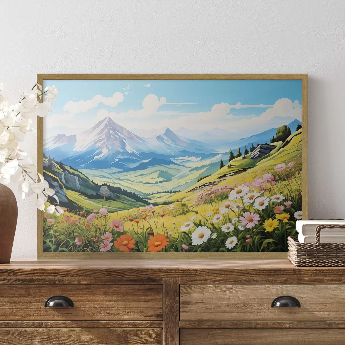 Poster Un vibrante paisaje de montaña con prados en flor, verdes colinas y majestuosos picos bajo un cielo azul despejado f42565
