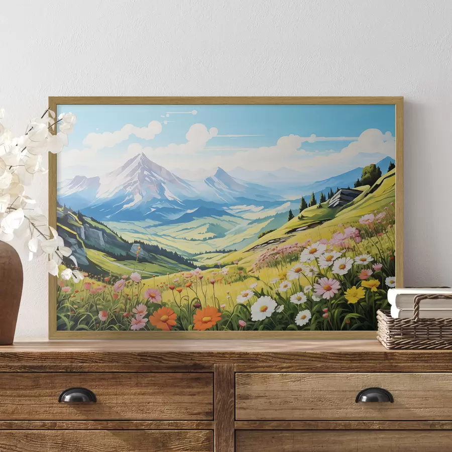 murales de pared Un vibrante paisaje de montaña con prados en flor, verdes colinas y majestuosos picos bajo un cielo azul despejado f42565