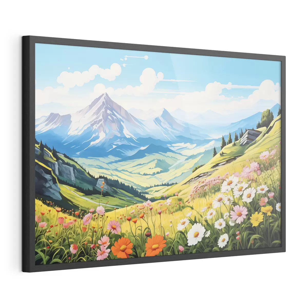 Poster Un vibrante paisaje de montaña con prados en flor, verdes colinas y majestuosos picos bajo un cielo azul despejado f42565
